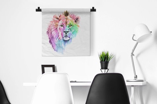 Wandkleed - Wanddoek - Leeuwen - Illustratie - Kleuren - 60x60 cm - Wandtapijt