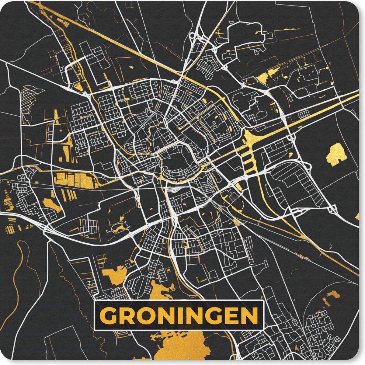 Muismat 20x20 cm - Mousepad Stadskaart - Groningen - Goud - Zwart - Muismatten