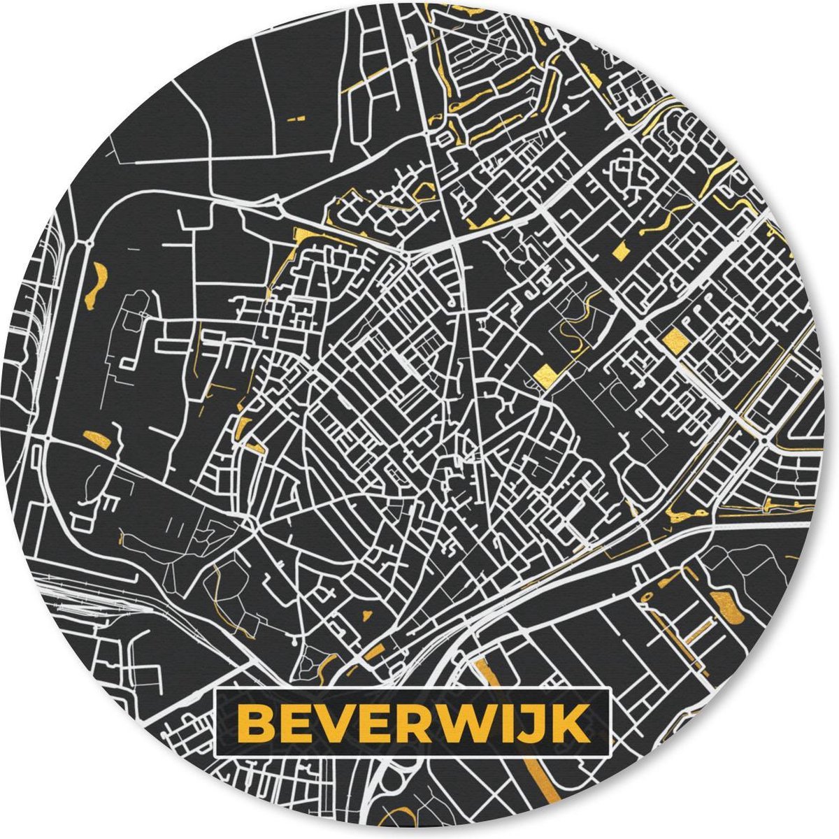 Muismat rond 20x20 cm - Mousepad Kaart - Beverwijk - Goud - Zwart - Ronde muismatten
