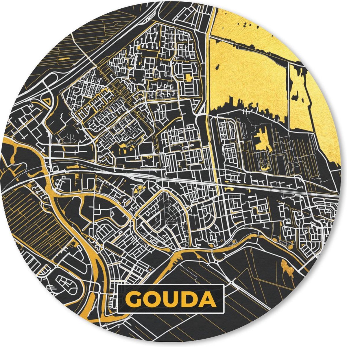 Muismat rond 30x30 cm - Mousepad Plattegrond - Gouda - Goud - Zwart - Ronde muismatten - Stadskaart