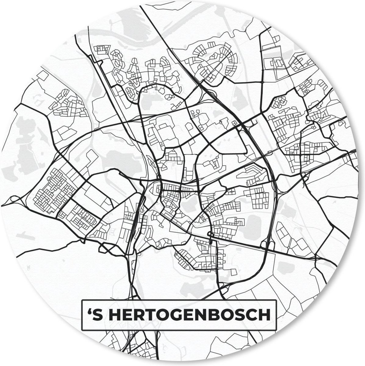 Muismat - Mousepad - Rond - Kaart - 's-Hertogenbosch - Zwart - Wit - 30x30 cm - Ronde muismat