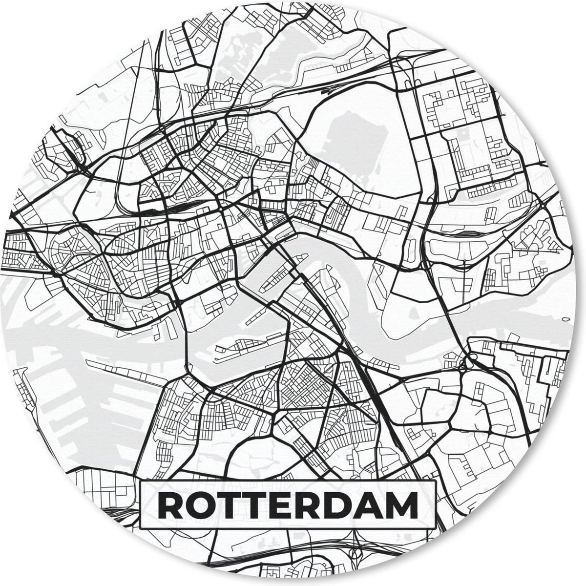 Muismat rond 20x20 cm - Mousepad Kaart - Rotterdam - Zwart - Wit - Ronde muismatten