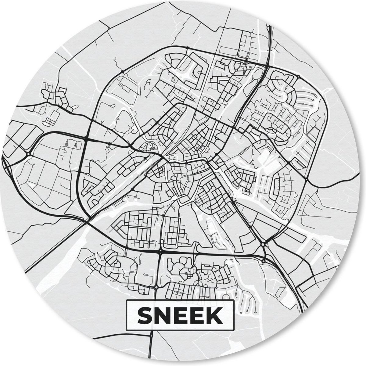 Muismat rond 30x30 cm - Mousepad Stadskaart - Sneek - Grijs - Wit - Ronde muismatten