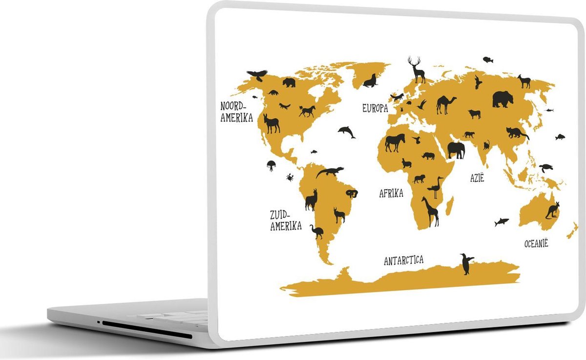 Laptop sticker - 17.3 inch - Wereldkaart kinderen - Dieren - Bruin - 40x30cm - Laptopstickers - Laptop skin - Cover