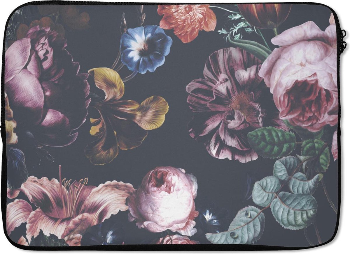 Laptophoes 13 inch - Bloemen - Oranje - Roze - Laptop sleeve - Binnenmaat 32x22,5 cm - Zwarte achterkant