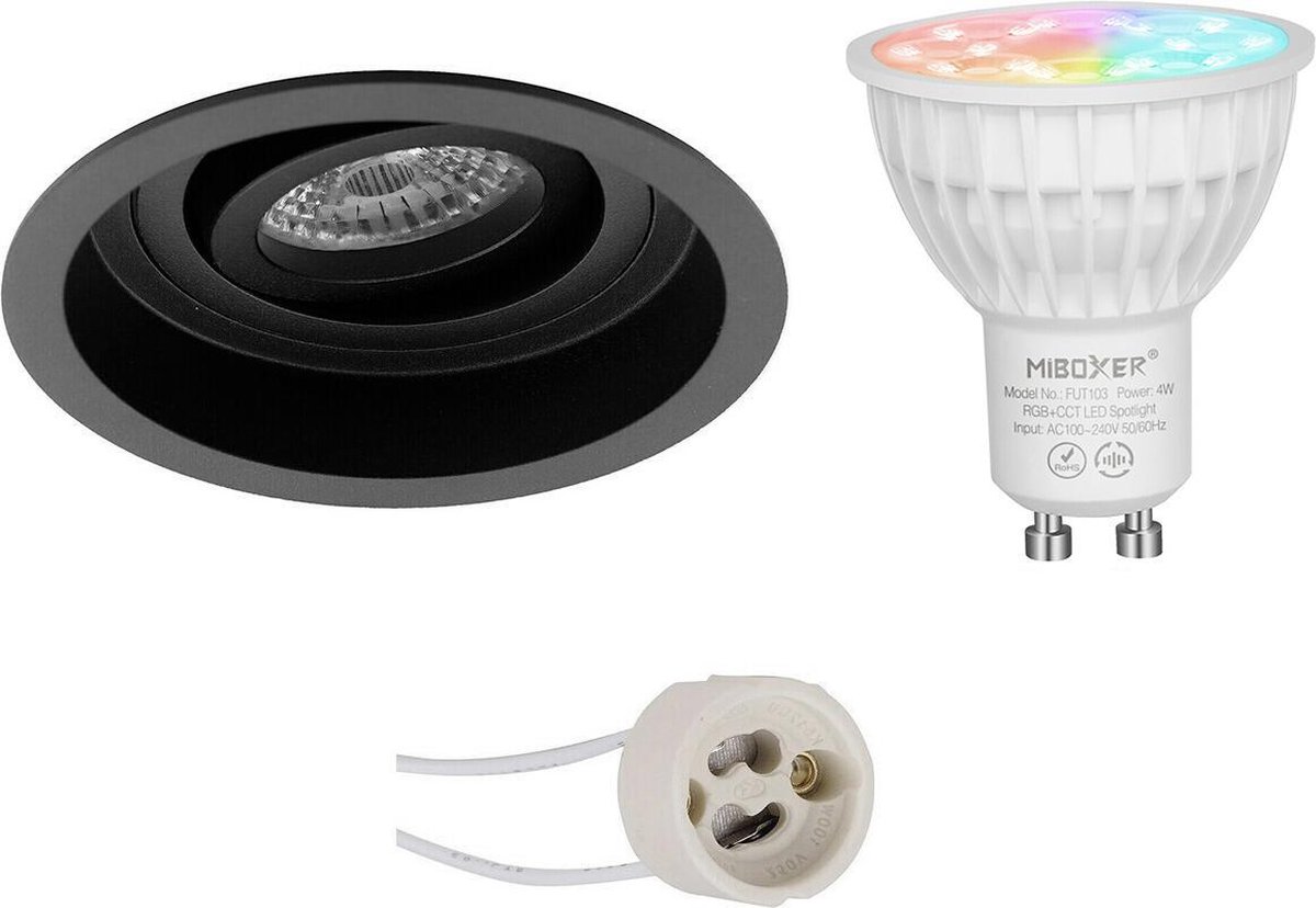 Mi-Light MiBoxer - LED Spot Set GU10 - Smart LED - Wifi LED - Slimme LED - 4W - RGB+CCT - Aanpasbare Kleur - Dimbaar - Proma Domy Pro - Inbouw Rond - Mat Zwart - Verdiept - Kantelbaar - Ø105mm