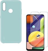 Solid hoesje Geschikt voor: Samsung Galaxy A20S Soft Touch Liquid Silicone Flexible TPU Rubber - Mist blauw  + 1X Screenprotector Tempered Glass