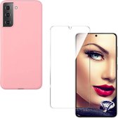 Solid hoesje Geschikt voor: Samsung Galaxy S21 Soft Touch Liquid Silicone Flexible TPU Rubber - licht roze  + 1X Screenprotector Tempered Glass