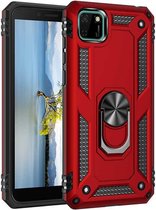 Huawei Y5P 2020 Stevige Magnetische Anti shock ring back cover case- schokbestendig-TPU met stand – Rood + Gratis screenprotector