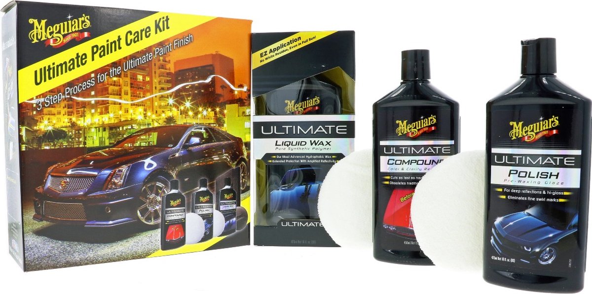 Meguiar’s Ultimate Paint Care Kit – 3-Stappen Lakherstel Set – Inclusief Compound, Polish & Liquid Wax – Spiegelglans & Hydrofobische Bescherming