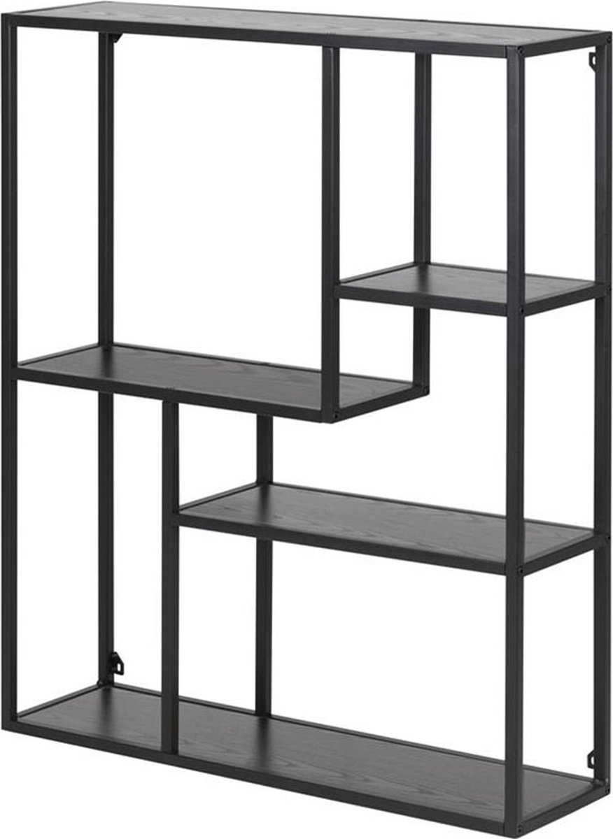 Lisomme Vic Hangende Wandkast Zwart - Metaal - Houten Planken - Open Kast - Asymmetrische Vakken - Wandrek - Industrieel - B 75 cm