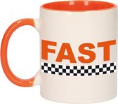 Fast met finish vlag beker / mok wit en oranje - 300 ml - racing / formule 1  - Nederland supporter / fan