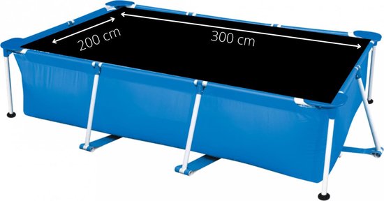Blauw rechthoekig frame zwembad van 300 x 200 cm met zwarte afdekking.
