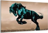Glasschilderij Paard - Bruin, Blauw, Zwart - 120x70cm 1Luik - Foto Op Glas - Geen Acrylglas Schilderij - GroepArt 6000+ Glasschilderijen Art Collectie - Wanddecoratie - Woonkamer - Slaapkamer