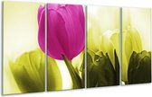 GroepArt - Glasschilderij - Tulp - Roze, Groen, Wit - 160x80cm 4Luik - Foto Op Glas - Geen Acrylglas Schilderij - 6000+ Glasschilderijen Collectie - Wanddecoratie