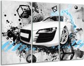 Glasschilderij Auto, Audi - Wit, Blauw, Zwart - 120x80cm 3Luik - Foto Op Glas - Geen Acrylglas Schilderij - GroepArt 6000+ Glas Art Collectie - Maatwerk Mogelijk