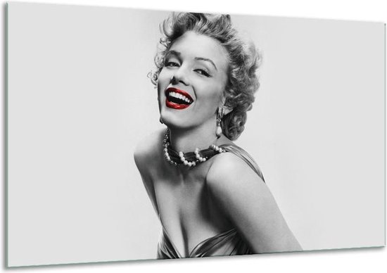 Glasschilderij Marilyn Monroe - Grijs, Wit, Rood - 120x70cm 1Luik - Foto Op Glas - Geen Acrylglas Schilderij - GroepArt 6000+ Glasschilderijen Art Collectie - Wanddecoratie - Woonkamer - Slaapkamer