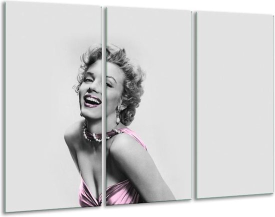 Glasschilderij Marilyn Monroe, Muziek - Grijs, Wit, Paars - 120x80cm 3Luik - Foto Op Glas - Geen Acrylglas Schilderij - GroepArt 6000+ Glas Art Collectie - Maatwerk Mogelijk