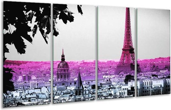 GroepArt - Glasschilderij - Parijs, Eiffeltoren - Paars, Roze, Grijs - 160x80cm 4Luik - Foto Op Glas - Geen Acrylglas Schilderij - 6000+ Glasschilderijen Collectie - Wanddecoratie