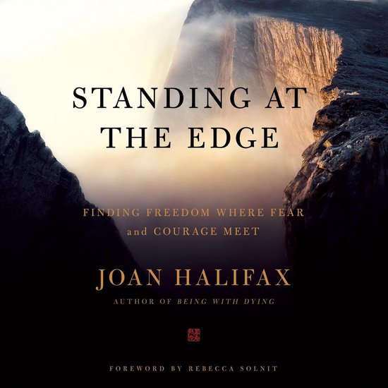 Boekomslag met de titel "Standing at the Edge" met op de achtergrond een zonsondergang boven een bergachtig landschap. Onder de titel staan de ondertitel, de naam van de auteur Joan Halifax en de naam van de voorwoord-schrijver Rebecca Solnit.