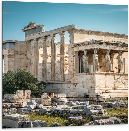 Dibond - Tempel op Akropolis in Athene, Griekenland - 100x100cm Foto op Aluminium (Met Ophangsysteem)