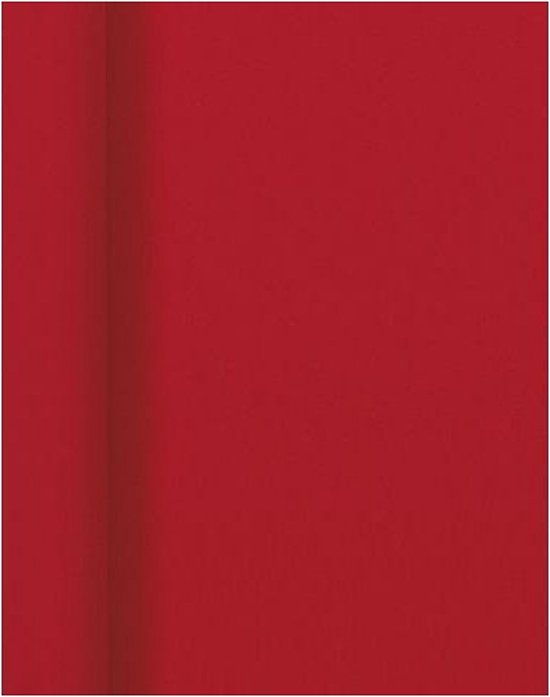 Detail van een rood damasten tafelkleed.