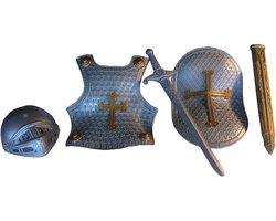 foto van Accessoireset ridder 4-delig zilver (helm, borstschild, zwaard, schild)