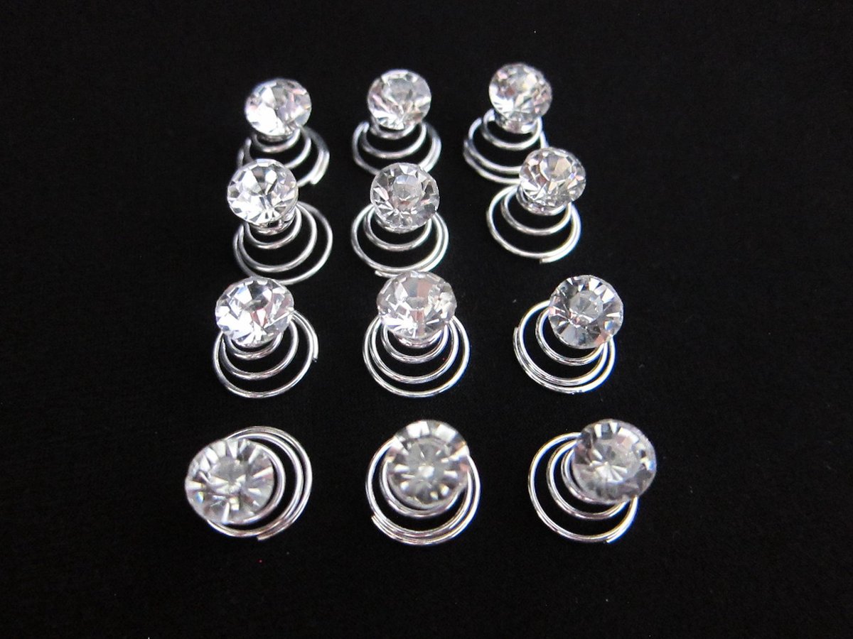 Curlies zilver | Diamant | Spiraal | Haarcurlies | Haarsieraad - Haarversiering - Haaraccessoire | Bruidskapsel | 12 stuks