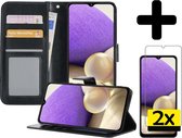 Samsung A32 4G Hoesje Book Case Hoes Met 2x Screenprotector - Samsung Galaxy A32 4G Case Hoesje Wallet Cover - Samsung Galaxy A32 4G Hoesje - Zwart