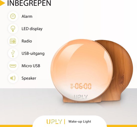 UPLY Wake Up Light - Met USB Oplaadpunt - Licht Wekker - Wekker Radio - 2 Wektijden - 7 Kleuren - UPLY