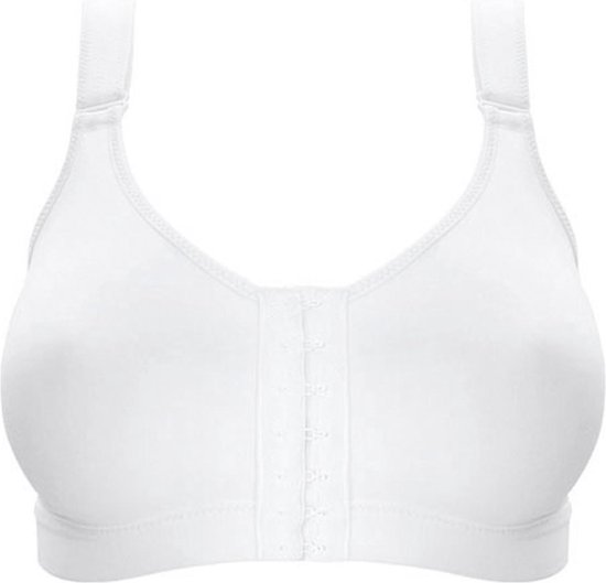 Witte sportbeha met voorsluiting, frontaal.