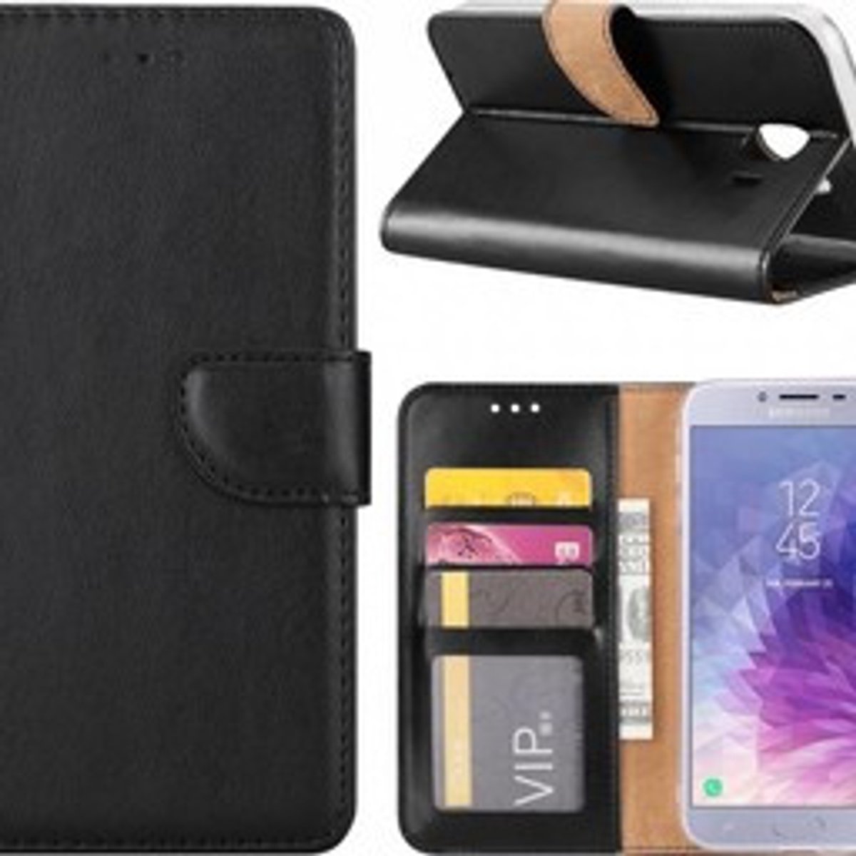 Samsung Galaxy J4+ (Plus) 2018 case Zwart Portemonnee hoesje met opbergvakjes