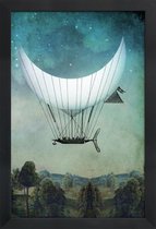 JUNIQE - Poster in houten lijst The Moon Ship -20x30 /Blauw & Grijs