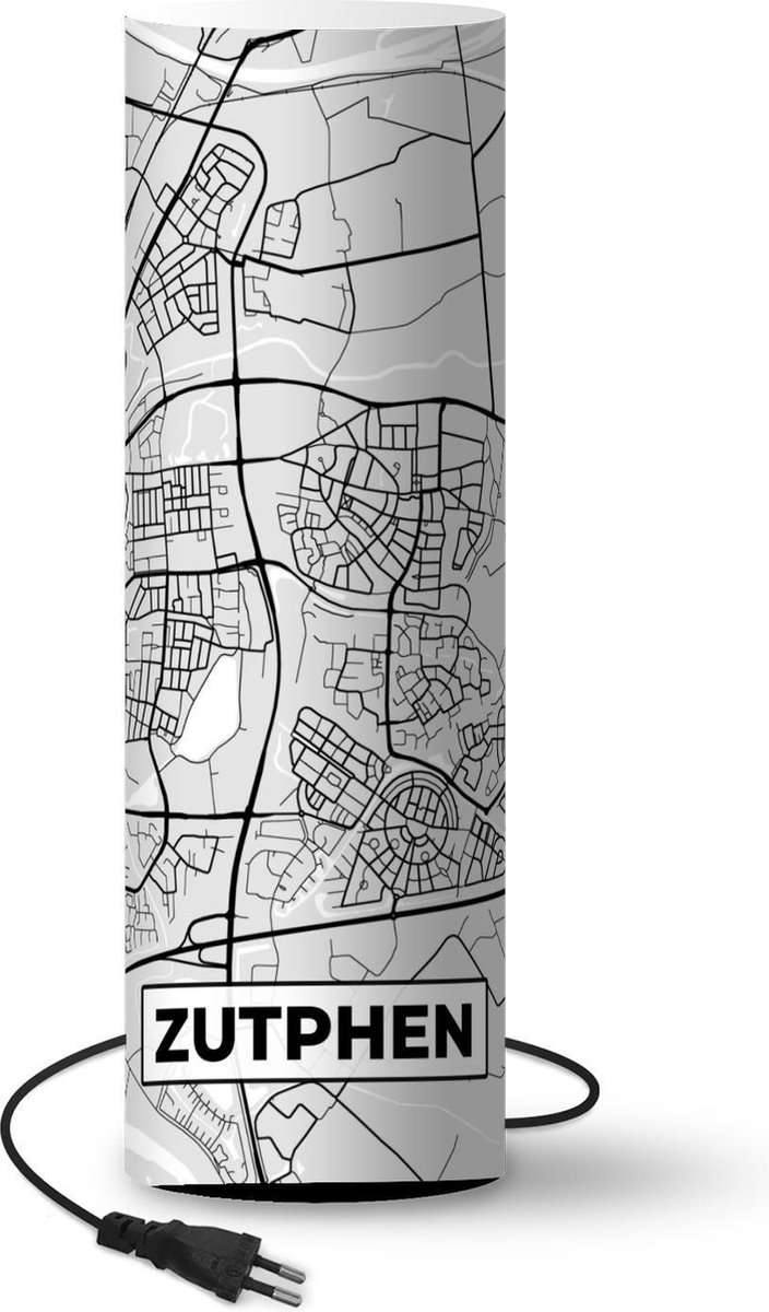 Lamp - Nachtlampje - Tafellamp slaapkamer - Stadskaart - Zutphen - Grijs - Wit - 50 cm hoog - Ø15.9 cm - Inclusief LED lamp - Plattegrond