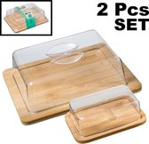Decopatent® 2 Delige Set - Kaasstolp - Kaasstolp kunststof deksel - Kaasplank met stolp - Rechthoekige kaasstolp - Bamboe - SET