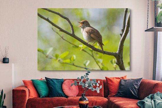 Tableau sur toile Rossignol chantant sur une branche - 150x100 cm - Décoration murale