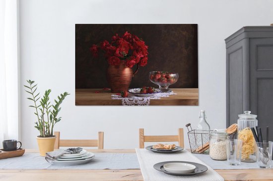 Peintures sur Toile - Nature Morte - Roses - Fraises - 140x90 cm - Décoration murale