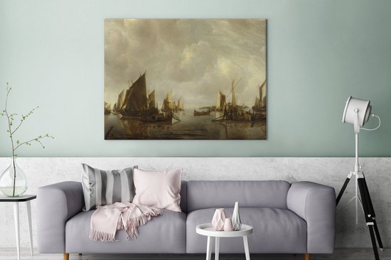 A River Scene with Dutch Vessels Becalmed -Peinture par Jan van de Capella 120x90 cm - Tirage photo sur toile (Décoration murale salon / chambre)
