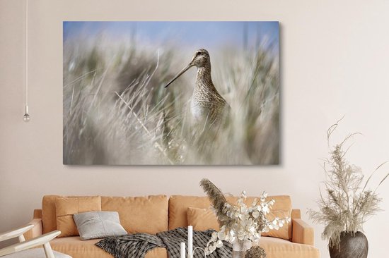 Canvas schilderij 180x120 cm - Wanddecoratie Een watersnip tussen het hoge riet - Muurdecoratie woonkamer - Slaapkamer decoratie - Kamer accessoires - Schilderijen