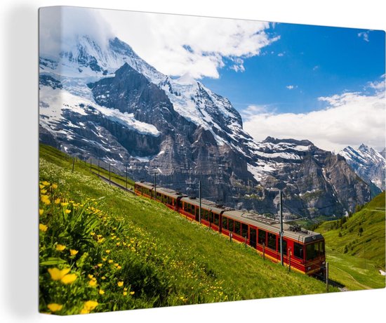 Canvas Schilderij Een rode trein in de Alpen - 90x60 cm - Wanddecoratie