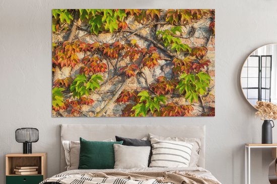 Feuilles d'Hedera rouges et vertes sur un mur de pierre Toile 180x120 cm - Tirage photo sur Toile (Décoration murale salon / chambre) XXL / Grand format!