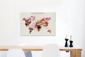 Canvas Wereldkaart - 90x60 - Wanddecoratie Wereldkaart - Verf - Bruin