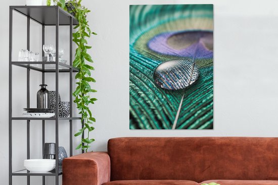 Structure d'une plume de paon avec une toile goutte d'eau 80x120 cm - Tirage photo sur toile (Décoration murale salon / chambre)