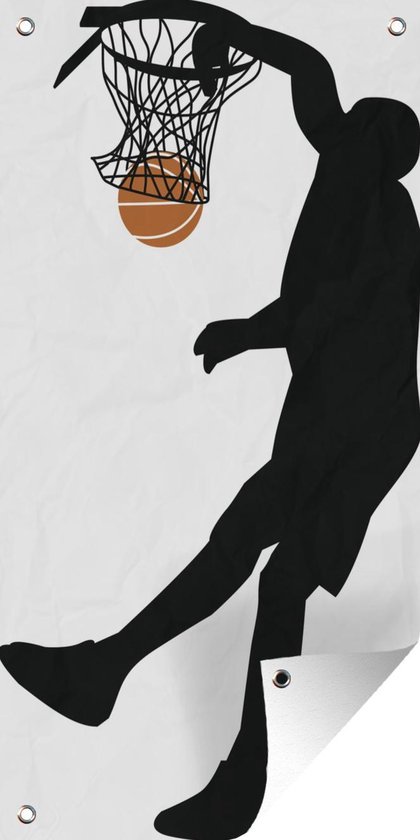 Tuinposter Een illustratie van een basketballend silhouet die de bal dunkt - 30x60 cm - Tuindoek - Buitenposter