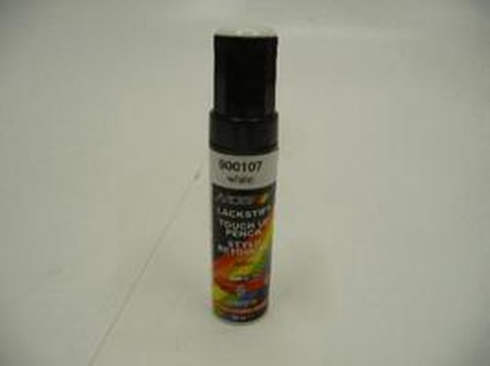 Witte lakstift van Motip, 12 ml, met rode sportwagenillustratie.
