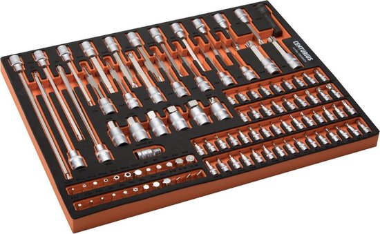 Een 102-delige Centurius dopsleutelset met diverse doppen en bits, georganiseerd in een zwarte en oranje softmodule.