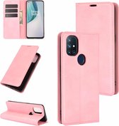 Voor OnePlus Nord N10 5G Retro-skin Business magnetische zuignap lederen hoes met houder & kaartsleuven en portemonnee (roze)