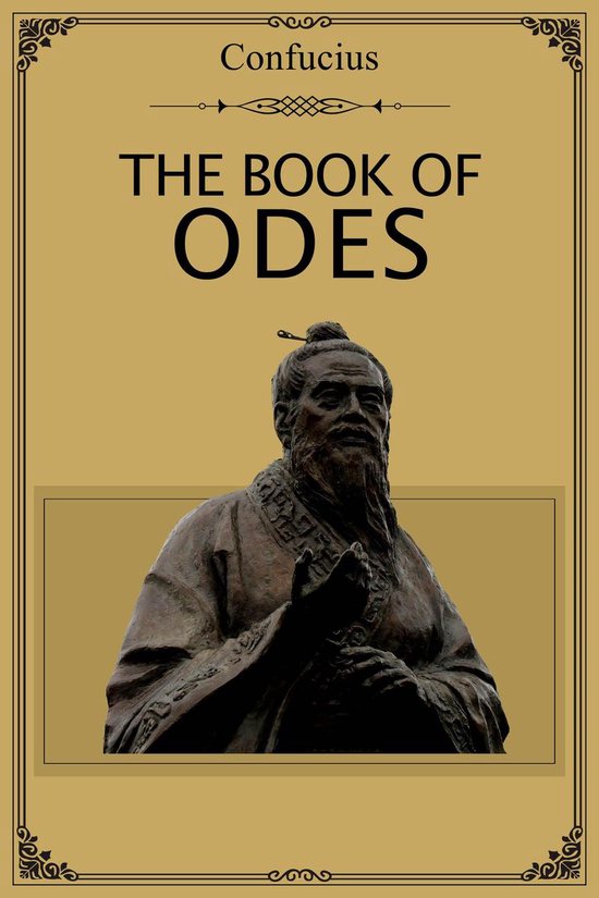 Buste en bronze de Confucius sur fond doré, avec le texte "Confucius THE BOOK OF ODES".