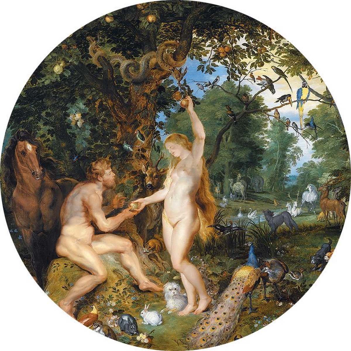 Het aardse paradijs met de zondeval van Adam en Eva, Peter Paul Rubens - Foto op Behangcirkel - ⌀ 100 cm