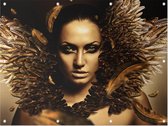 Vrouw met gouden veren - Foto op Tuinposter - 120 x 90 cm